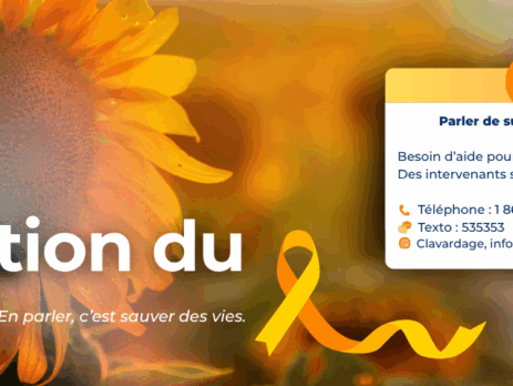 Visuel de prévention du suicide avec un tournesol en arrière-plan et un encadré présentant les ressources d’aide : téléphone 1-866-APPELLE, texto 535353 et site suicide.ca. Message : “Parler de suicide, ça sauve des vies”.
