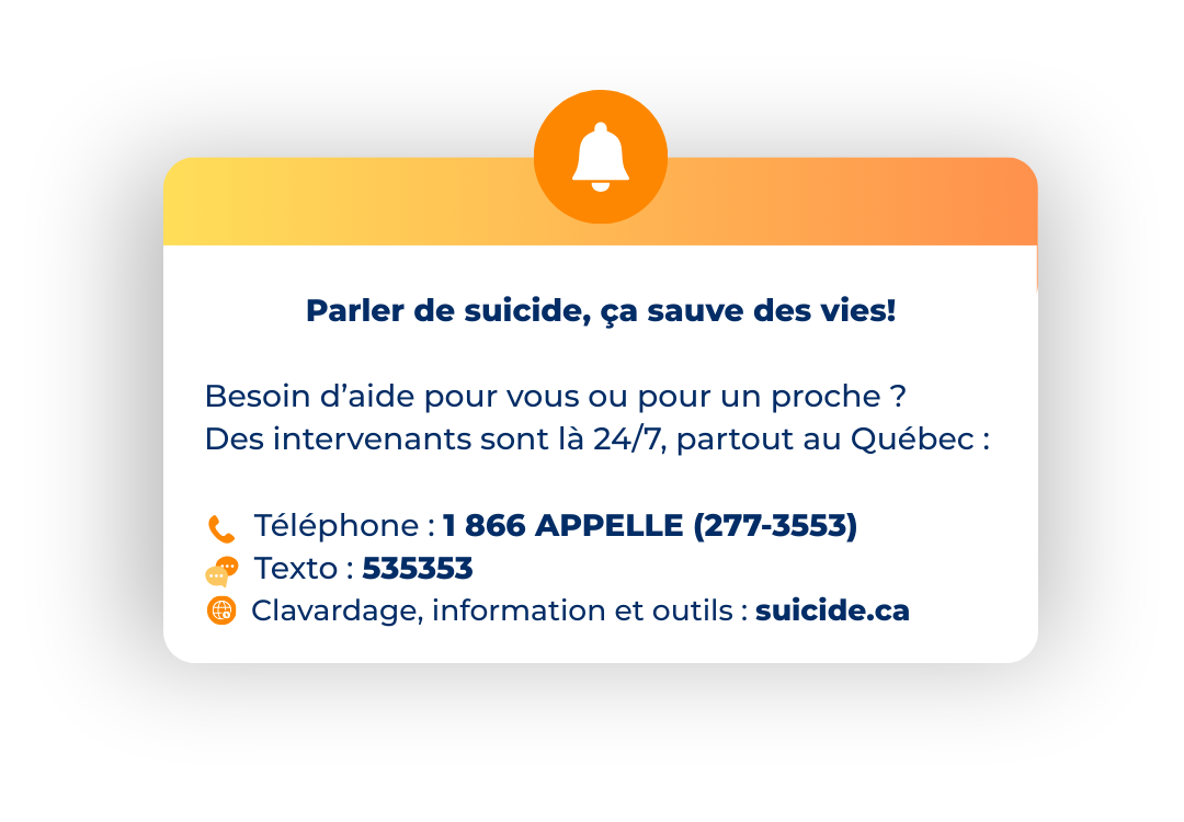 Prévention du suicide – En parler, c’est sauver des vies. Image avec tournesol et ressources d’aide 24/7 au Québec.
